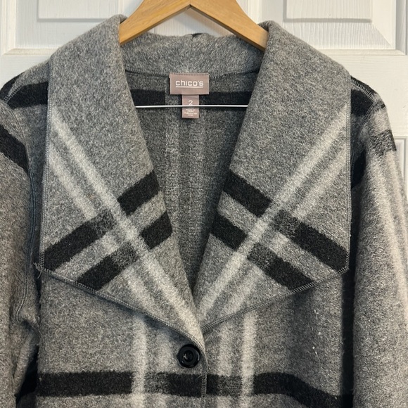 Chicos wool blend plaid one button jacket grey black white plaid medium - Picture 3 of 4